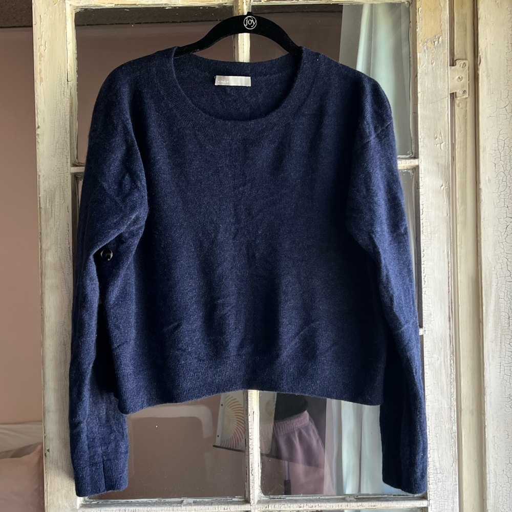 Vince Blue Cropped Crew Neck Long Sleeve Side Buttoned Sweater